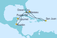 Visitando Puerto Cañaveral (Florida), Nassau (Bahamas), Cozumel (México), Roatán (Honduras), Ocean Cay MSC Marine Reserve (Bahamas), Puerto Cañaveral (Florida), San Juan (Puerto Rico), Nassau (Bahamas), Ocean Cay MSC Marine Reserve (Bahamas), Puerto Cañaveral (Florida)