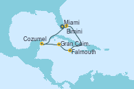 Visitando Miami (Florida/EEUU), Bimini (Bahamas), Falmouth (Jamaica), Gran Caimán (Islas Caimán), Cozumel (México), Miami (Florida/EEUU)