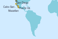 Visitando San Diego (California/EEUU), Cabo San Lucas (México), Mazatlan (México), Puerto Vallarta (México), Puerto Vallarta (México), Mazatlan (México), Cabo San Lucas (México), San Diego (California/EEUU)
