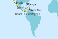 Visitando Tampa (Florida), Santa Marta (Colombia), Cartagena de Indias (Colombia), Canal Panamá, Cabo San Lucas (México), Seattle (Washington/EEUU)