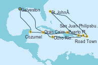 Visitando Galveston (Texas), Ocho Ríos (Jamaica), Road Town (Isla Tórtola/Islas Vírgenes), St. John´s (Antigua y Barbuda), Philipsburg (St. Maarten), San Juan (Puerto Rico), Puerto Plata, Republica Dominicana, Gran Caimán (Islas Caimán), Cozumel (México), Galveston (Texas)