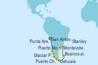 Visitando San Antonio (Chile), Puerto Montt (Chile), Puerto Chacabuco (Chile), Glaciar Pio XI (Chile), Punta Arenas (Chile), Ushuaia (Argentina), Stanley (Malvinas), Montevideo (Uruguay), Buenos aires, Buenos aires
