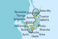 Visitando Tokio (Japón), Osaka (Japón), Kochi (Japón), Hiroshima (Japón), Busán (Corea del Sur), Sakaiminato (Japón), Tsuruga (Japon), Toyama (Japón), SAKATA (JAPAN), Aomori (Japón), Hakodate (Japón), Tokio (Japón), Shizuoka (Japón), Kobe (Japón), Kochi (Japón), Fukuoka (Japón), Sokcho (Corea del Sur), Kanazawa (Japón), SAKATA (JAPAN), Hakodate (Japón), Islas Miyako (Japón), Tokio (Japón)