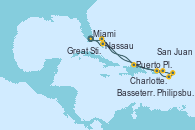 Visitando Miami (Florida/EEUU), Nassau (Bahamas), Puerto Plata, Republica Dominicana, Charlotte Amalie (St. Thomas), Philipsburg (St. Maarten), Basseterre (Antillas), San Juan (Puerto Rico), Great Stirrup Cay (Bahamas), Miami (Florida/EEUU)