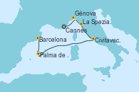 Visitando Cannes (Francia), Génova (Italia), La Spezia, Florencia y Pisa (Italia), Civitavecchia (Roma), Palma de Mallorca (España), Barcelona
