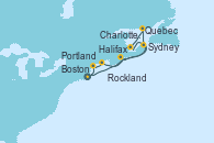 Visitando Boston (Massachusetts), Portland (Maine/Estados Unidos), Rockland (Maine), Halifax (Canadá), Sydney (Nueva Escocia/Canadá), Quebec (Canadá), Quebec (Canadá), Charlottetown (Canadá), Boston (Massachusetts)