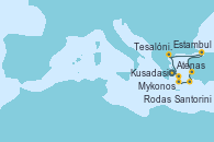 Visitando Atenas (Grecia), Mykonos (Grecia), Santorini (Grecia), Rodas (Grecia), Kusadasi (Efeso/Turquía), Estambul (Turquía), Estambul (Turquía), Tesalónica (Grecia), Atenas (Grecia)