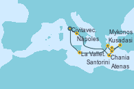 Visitando Civitavecchia (Roma), Nápoles (Italia), Chania (Creta/Grecia), Mykonos (Grecia), Kusadasi (Efeso/Turquía), Santorini (Grecia), Atenas (Grecia), La Valletta (Malta), Civitavecchia (Roma)