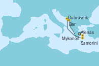 Visitando Atenas (Grecia), Dubrovnik (Croacia), Bar ( Montenegro), Santorini (Grecia), Mykonos (Grecia), Atenas (Grecia)