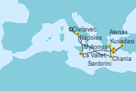 Visitando Civitavecchia (Roma), La Valletta (Malta), Mykonos (Grecia), Kusadasi (Efeso/Turquía), Santorini (Grecia), Atenas (Grecia), Chania (Creta/Grecia), Nápoles (Italia), Civitavecchia (Roma)