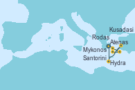 Visitando Atenas (Grecia), Mykonos (Grecia), Rodas (Grecia), Santorini (Grecia), Kusadasi (Efeso/Turquía), Hydra (Grecia), Atenas (Grecia)