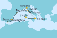 Visitando Civitavecchia (Roma), Livorno, Pisa y Florencia (Italia), Portofino (Italia), Barcelona, Cartagena (Murcia), Málaga, Cagliari (Cerdeña), Palermo (Italia), Civitavecchia (Roma)