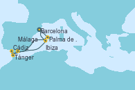 Visitando Barcelona, Palma de Mallorca (España), Tánger (Marruecos), Cádiz (España), Málaga, Ibiza (España), Barcelona