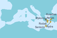 Visitando Atenas (Grecia), Hydra (Grecia), Rodas (Grecia), Kusadasi (Efeso/Turquía), Mykonos (Grecia), Santorini (Grecia), Atenas (Grecia)