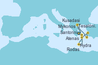 Visitando Atenas (Grecia), Tesalónica (Grecia), Rodas (Grecia), Kusadasi (Efeso/Turquía), Santorini (Grecia), Hydra (Grecia), Mykonos (Grecia), Atenas (Grecia)