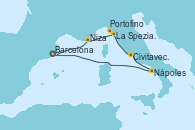 Visitando Barcelona, Niza (Francia), La Spezia, Florencia y Pisa (Italia), Portofino (Italia), Civitavecchia (Roma), Nápoles (Italia), Barcelona