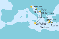 Visitando Atenas (Grecia), Mykonos (Grecia), Rodas (Grecia), Santorini (Grecia), La Valletta (Malta), Dubrovnik (Croacia), Kotor (Montenegro), Split (Croacia), Ravenna (Italia)