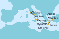 Visitando Civitavecchia (Roma), Messina (Sicilia), Mykonos (Grecia), Kusadasi (Efeso/Turquía), Atenas (Grecia), Santorini (Grecia), Chania (Creta/Grecia), Nápoles (Italia), Civitavecchia (Roma)