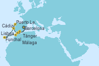 Visitando Barcelona, Tánger (Marruecos), Funchal (Madeira), Puerto Leixões (Portugal), Lisboa (Portugal), Cádiz (España), Málaga, Barcelona