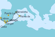 Visitando Barcelona, Tánger (Marruecos), Puerto Leixões (Portugal), Lisboa (Portugal), Cádiz (España), Málaga, Palma de Mallorca (España), Barcelona