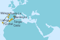 Visitando Barcelona, Málaga, Tánger (Marruecos), Lisboa (Portugal), Puerto Leixões (Portugal), Funchal (Madeira), Cádiz (España), Barcelona