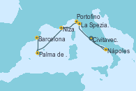 Visitando Civitavecchia (Roma), Nápoles (Italia), La Spezia, Florencia y Pisa (Italia), La Spezia, Florencia y Pisa (Italia), Portofino (Italia), Niza (Francia), Palma de Mallorca (España), Barcelona