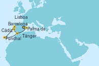 Visitando Barcelona, Palma de Mallorca (España), Cádiz (España), Lisboa (Portugal), Funchal (Madeira), Funchal (Madeira), Tánger (Marruecos), Barcelona