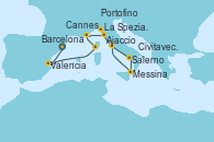 Visitando Barcelona, Valencia, Ajaccio (Córcega), Cannes (Francia), La Spezia, Florencia y Pisa (Italia), Portofino (Italia), Salerno (Italia), Messina (Sicilia), Civitavecchia (Roma)