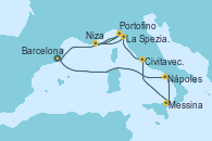 Visitando Barcelona, Nápoles (Italia), Messina (Sicilia), Civitavecchia (Roma), La Spezia, Florencia y Pisa (Italia), Niza (Francia), Portofino (Italia), Barcelona