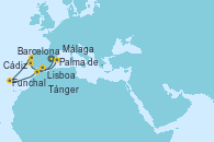 Visitando Barcelona, Málaga, Cádiz (España), Lisboa (Portugal), Funchal (Madeira), Funchal (Madeira), Tánger (Marruecos), Palma de Mallorca (España), Barcelona