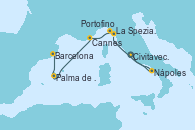 Visitando Civitavecchia (Roma), Nápoles (Italia), La Spezia, Florencia y Pisa (Italia), La Spezia, Florencia y Pisa (Italia), Portofino (Italia), Cannes (Francia), Palma de Mallorca (España), Barcelona