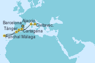 Visitando Barcelona, Cartagena (Murcia), Tánger (Marruecos), Funchal (Madeira), Funchal (Madeira), Málaga, Ajaccio (Córcega), Civitavecchia (Roma)