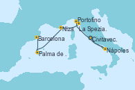 Visitando Civitavecchia (Roma), Nápoles (Italia), Portofino (Italia), La Spezia, Florencia y Pisa (Italia), La Spezia, Florencia y Pisa (Italia), Niza (Francia), Palma de Mallorca (España), Barcelona