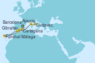 Visitando Barcelona, Cartagena (Murcia), Gibraltar (Inglaterra), Funchal (Madeira), Funchal (Madeira), Málaga, Ajaccio (Córcega), Civitavecchia (Roma)