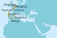 Visitando Ámsterdam (Holanda), Zeebrugge (Bruselas), Le Havre (Francia), La Coruña (Galicia/España), Puerto Leixões (Portugal), Málaga, Barcelona