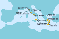 Visitando Barcelona, La Spezia, Florencia y Pisa (Italia), Civitavecchia (Roma), Nápoles (Italia), Messina (Sicilia), Chania (Creta/Grecia), Mykonos (Grecia), Santorini (Grecia), Atenas (Grecia)