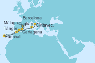 Visitando Barcelona, Cartagena (Murcia), Tánger (Marruecos), Funchal (Madeira), Funchal (Madeira), Málaga, Cagliari (Cerdeña), Civitavecchia (Roma)