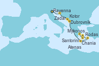Visitando Ravenna (Italia), Zadar (Croacia), Dubrovnik (Croacia), Kotor (Montenegro), Chania (Creta/Grecia), Rodas (Grecia), Mykonos (Grecia), Santorini (Grecia), Atenas (Grecia)