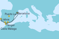 Visitando Barcelona, Tánger (Marruecos), Puerto Leixões (Portugal), Lisboa (Portugal), Cádiz (España), Málaga, Barcelona