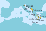 Visitando Ravenna (Italia), Split (Croacia), Dubrovnik (Croacia), Kotor (Montenegro), Chania (Creta/Grecia), Rodas (Grecia), Mykonos (Grecia), Santorini (Grecia), Atenas (Grecia)