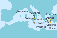 Visitando Atenas (Grecia), Santorini (Grecia), Kusadasi (Efeso/Turquía), Rodas (Grecia), Mykonos (Grecia), La Valletta (Malta), Messina (Sicilia), Salerno (Italia), Civitavecchia (Roma), Barcelona