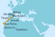 Visitando Barcelona, Tánger (Marruecos), Casablanca (Marruecos), Las Palmas de Gran Canaria (España), Santa Cruz de Tenerife (España), Arrecife (Lanzarote/España), Gibraltar (Inglaterra), Málaga, Barcelona