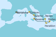 Visitando Barcelona, Civitavecchia (Roma), Salerno (Italia), Messina (Sicilia), Rodas (Grecia), Heraklion (Creta), Atenas (Grecia), Atenas (Grecia)