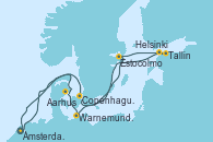 Visitando Ámsterdam (Holanda), Aarhus (Dinamarca), Warnemunde (Alemania), Estocolmo (Suecia), Tallin (Estonia), Helsinki (Finlandia), Copenhague (Dinamarca), Copenhague (Dinamarca), Ámsterdam (Holanda)