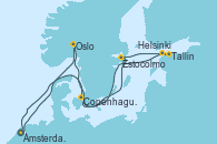 Visitando Ámsterdam (Holanda), Oslo (Noruega), Estocolmo (Suecia), Tallin (Estonia), Helsinki (Finlandia), Copenhague (Dinamarca), Copenhague (Dinamarca), Ámsterdam (Holanda)