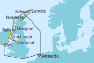Visitando Ámsterdam (Holanda), Cork (Irlanda), Dun Laoghaire (Dublin/Irlanda), Liverpool (Reino Unido), Belfast (Irlanda), Glasgow (Escocia), Lerwick (Escocia), Inverness (Escocia), Kirkwall (Escocia), Ámsterdam (Holanda)
