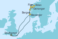 Visitando Southampton (Inglaterra), Bergen (Noruega), Geiranger (Noruega), Olden (Noruega), Flam (Noruega), Stavanger (Noruega), Southampton (Inglaterra)