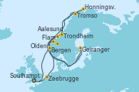 Visitando Southampton (Inglaterra), Zeebrugge (Bruselas), Flam (Noruega), Geiranger (Noruega), Tromso (Noruega), Honningsvag (Noruega), Trondheim (Noruega), Aalesund (Noruega), Olden (Noruega), Bergen (Noruega), Southampton (Inglaterra)