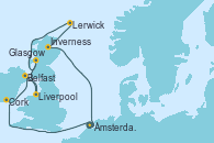 Visitando Ámsterdam (Holanda), Cork (Irlanda), Cork (Irlanda), Belfast (Irlanda), Liverpool (Reino Unido), Glasgow (Escocia), Lerwick (Escocia), Inverness (Escocia), Ámsterdam (Holanda)