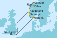 Visitando Southampton (Inglaterra), Kristiansand (Noruega), Stavanger (Noruega), Flam (Noruega), Olden (Noruega), Aalesund (Noruega), Haugesund (Noruega), Southampton (Inglaterra)